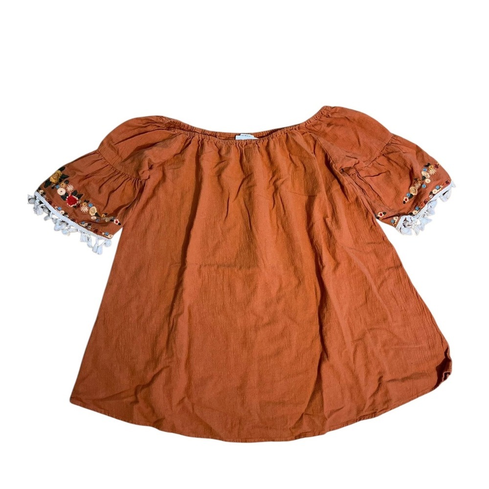 Umgee Boho Embroidered Puff Sleeve‎ Top – Burnt Orange, Size Medium